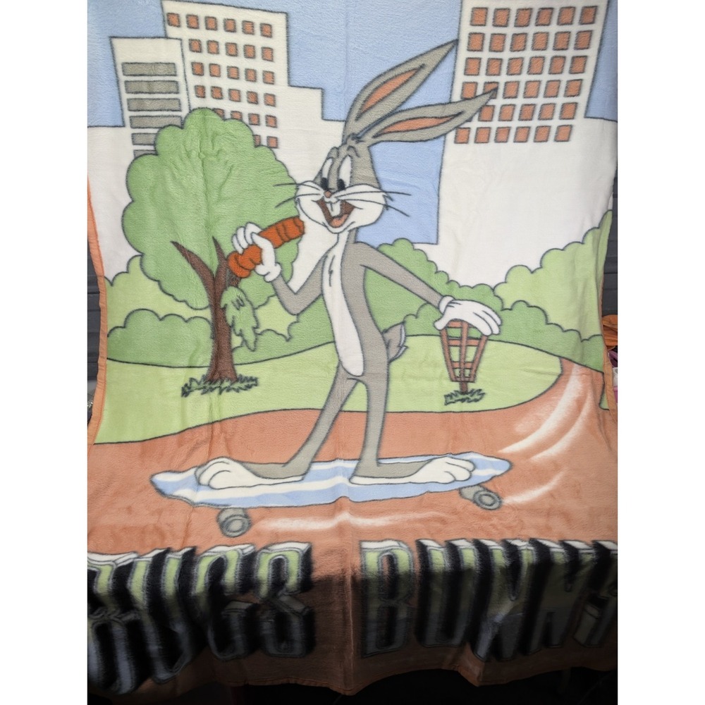 Vintage Bugs Bunny Blanket Looney Tunes Throw Fleece Velour 57" X 80" Soft 1996